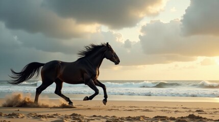 Fototapeta premium Majestic Dark Horse Galloping Freely on a Sandy Beach at Sunset, Ocean Waves Crashing Gently in the Background