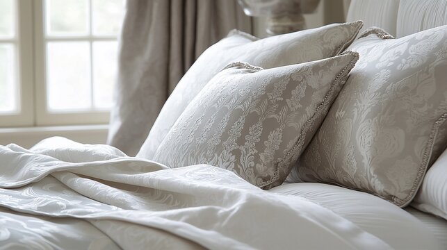 Luxurious beige bedding and pillows on a bed near a window. - Powered by Adobe