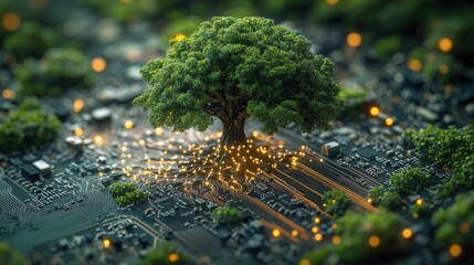A visually striking digital artwork depicting lush green trees rising from a futuristic circuit board.