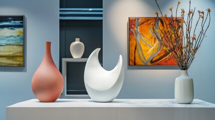 Modern art gallery with minimalist vases and decor