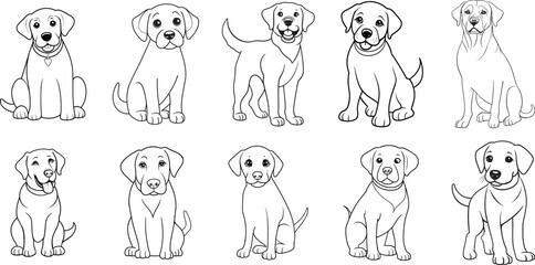 Cute  Labrador Retriever Dog Bundle, Black Line Art of Dog, Hand Drawn Illustration 