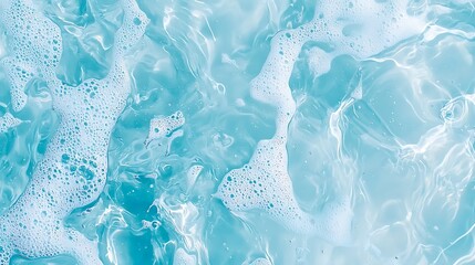 Transparent blue clear water surface texture with ripples, splashes, and bubbles Abstract summer banner background Water waves in sunlight with copy space Cosmetic moisturizer micellar toner emulsion