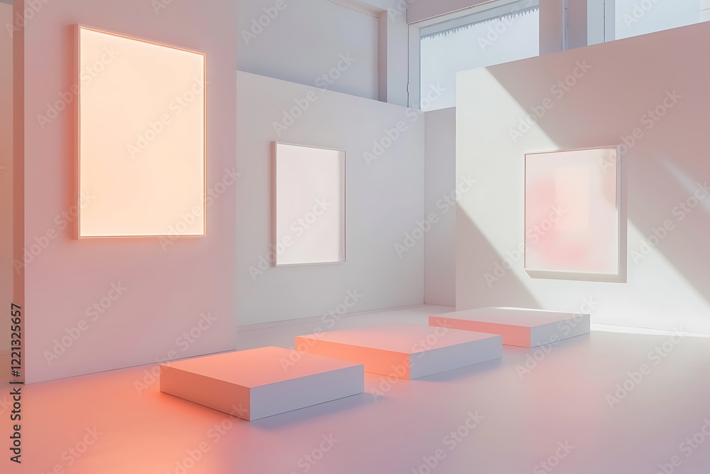 Poster a mockup art gallery with blank empty frames and blank white painting canvases