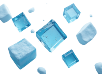 Various ice cubes and water droplets levitate against a black background  Ideal for advertising websites or print