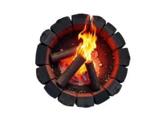 Overhead view of a burning campfire in a circular stone fire pit Ideal for websites blogs or articles about camping outdoor activities or relaxation