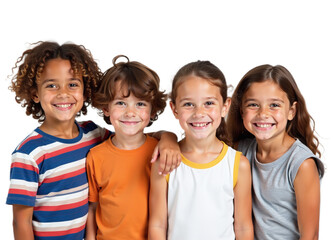 Four smiling children diverse in ethnicity pose for a friendly group portrait Ideal for education family and children's products