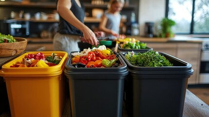 Obraz premium Family actively recycle in their organized kitchen, using bins for food, paper and glass, as part of their commitment to sustainable living.