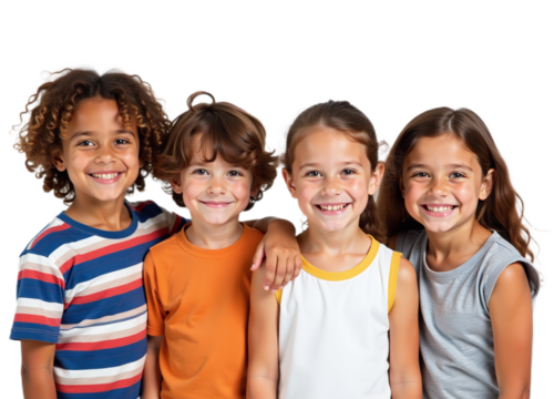 Four smiling children diverse in ethnicity pose for a friendly group portrait Ideal for education family and children's products