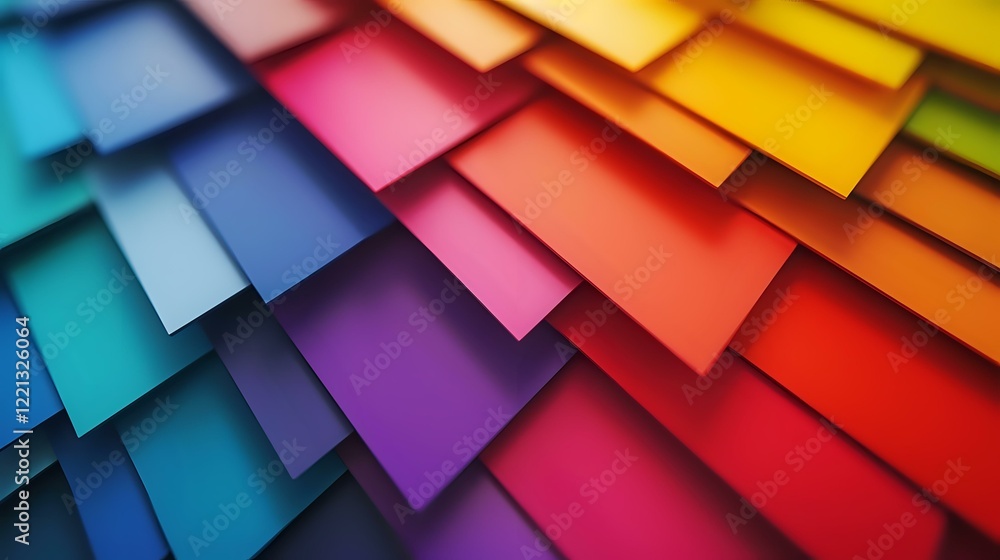 Poster vibrant layered paper sheets arranged in a diagonal pattern creating dynamic depth and shadows, perf