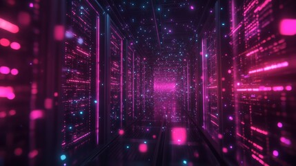 A decentralized cloud storage network visualized as glowing data blocks floating securely in cyberspace