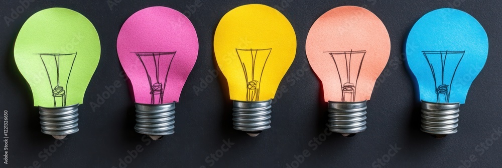 Poster colorful sticky notes shaped like light bulbs create a unique visual display on a dark surface