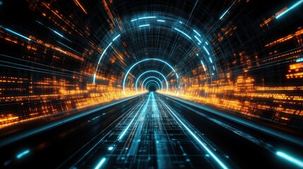 Fototapeta premium Futuristic tunnel filled with vibrant blue and orange lights, conveying the sensation of rapid movement