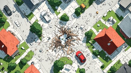 Aerial view of a neighborhood disaster scene.