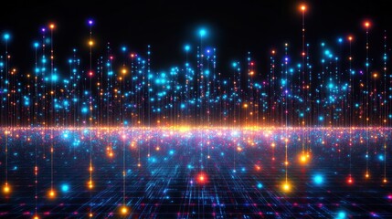 Obraz premium Dynamic lights illuminate a dark space, showcasing vibrant digital particles in stunning colors