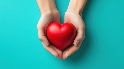 Obraz premium Two hands hold a vibrant red heart, representing affection and compassion against a teal backdrop
