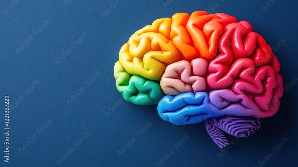 Poster a vibrant brain model showcases different areas in colors on a blue backdrop for visual learning
