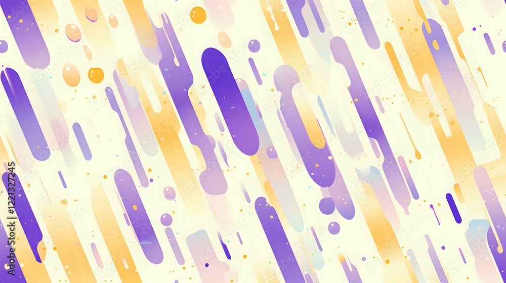 Poster dynamic diagonal pattern with purple and orange rounded stripes and dots on white background, perfec