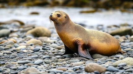 Naklejka premium Stranded sea lion resting on rocky shoreline during daylight hours in coastal habitat. Generative AI
