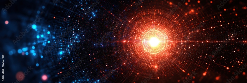 Poster bright light radiates from a central point surrounded by vivid particles in a dark cosmic setting