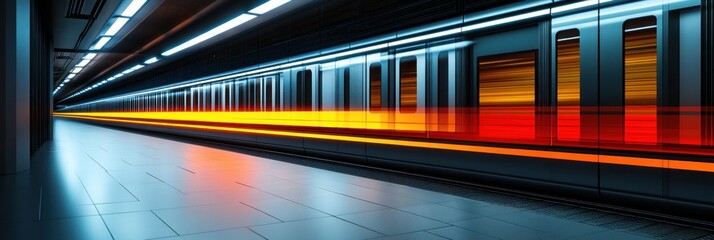 A train speeds past a modern subway station illuminated by vibrant lights