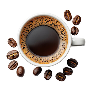 Top View of Hot Coffee Cup Isolated on Transparent Background