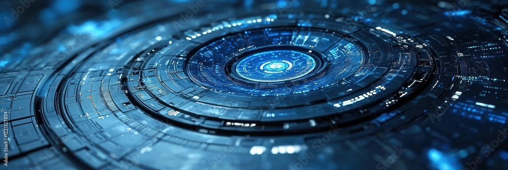 Poster intricate blue digital patterns showcase advanced technology with circular designs and glowing eleme