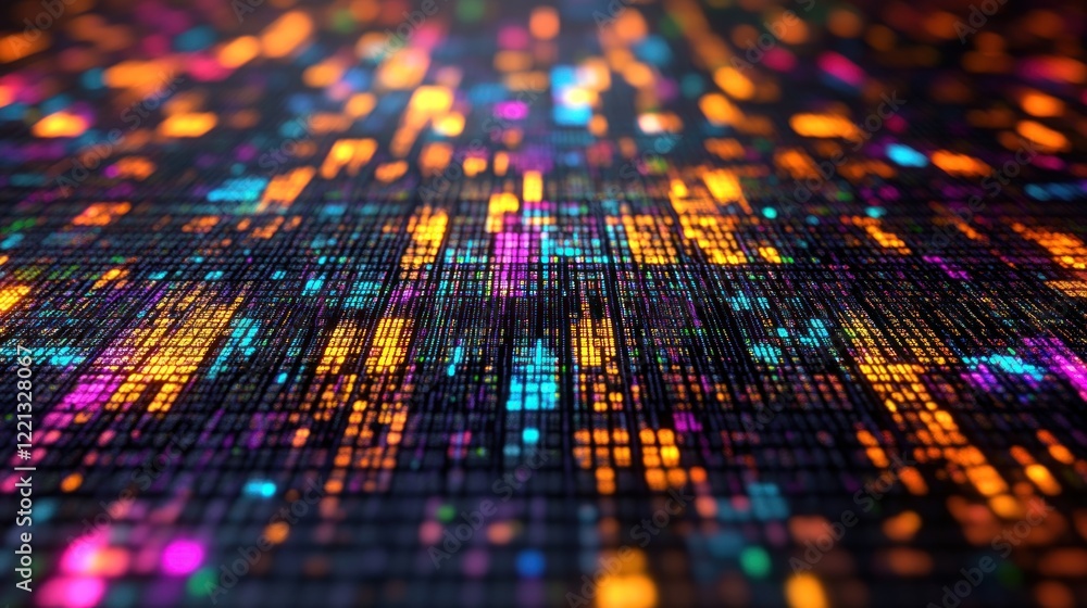 Poster bright, multicolored lights create a mesmerizing pattern against a dark background, evoking technolo