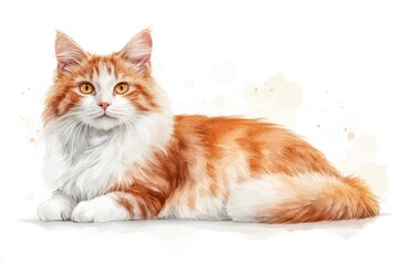 Beautiful Orange and White Cat Lying on White Background