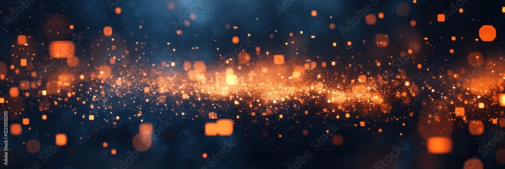 Poster bright particles float in dark space, creating an enchanting and colorful light display