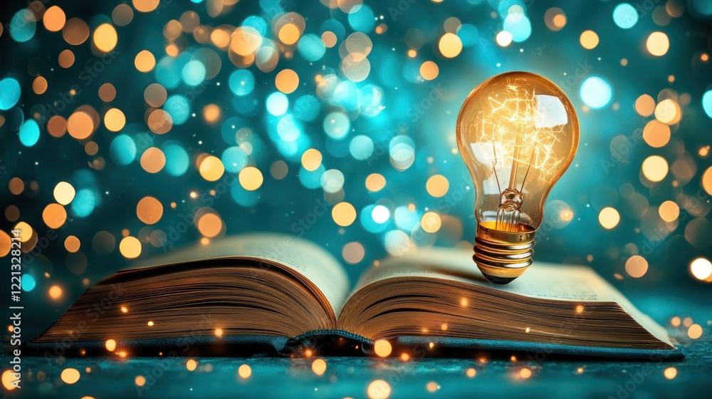 Poster an open book on a table with a glowing light bulb floating above it, set against a bokeh background