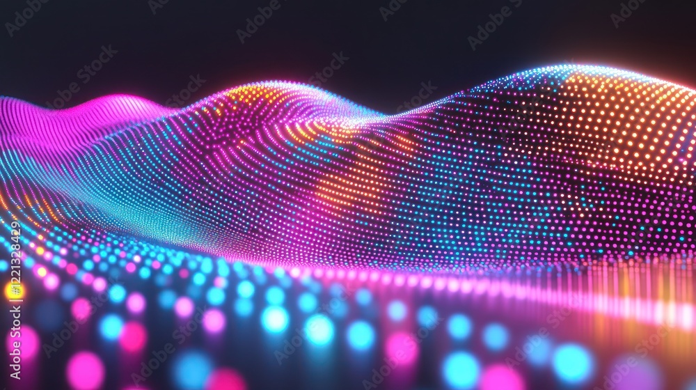 Poster bright dots illuminate colorful waves on a dark background, creating a captivating scene