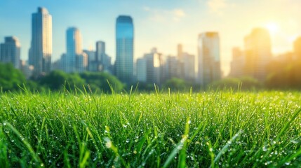 Bright green grass covered in morning dew overlooks a skyline filled with modern buildings at sunrise