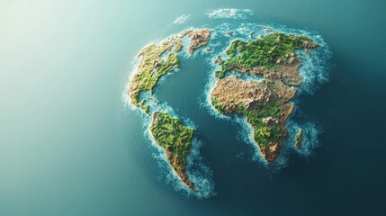 Fototapeta premium Aerial view highlights a detailed globe of lush greenery, mountains, and surrounding ocean