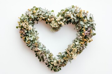 A beautiful heart-shaped wreath crafted from vibrant flowers and lush greenery, perfect for Valentine's Day.