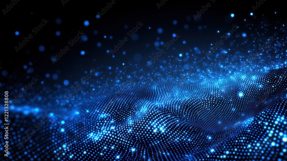 Poster bright blue particles swirl elegantly across a dark background, creating a dynamic visual effect