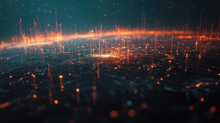 Fototapeta premium Bright data points illuminate the contours of a city, creating a dynamic digital landscape at night