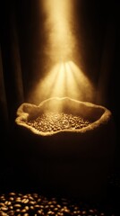 A burlap sack filled with coffee beans illuminated by soft golden light