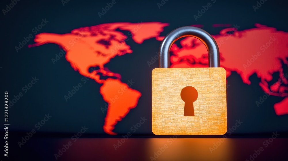 Poster a glowing padlock projected on a digital world map, with red zones representing areas affected by sc