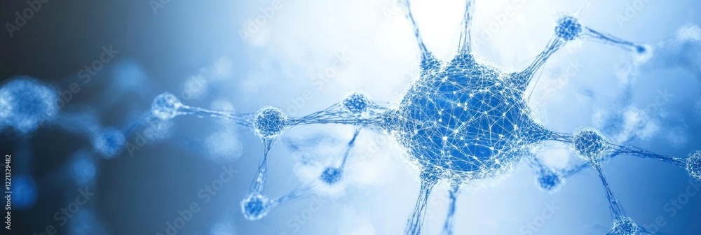 Aufkleber neurons linked by synapses are shown against a digital blue backdrop, symbolizing brain activity