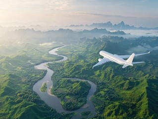 Fototapeta premium Airplane window view overlooking tranquil valley and meandering river aerial serene landscape calm environment