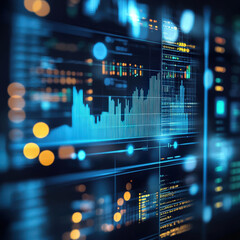 Fototapeta premium sleek digital interface with financial graphs, charts, and analytical data. Blue tones dominate the futuristic design, featuring glowing elements and a high-tech financial dashboard