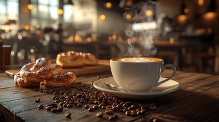 Steaming latte and pastries on a wooden table in a cafe for an ad or blog