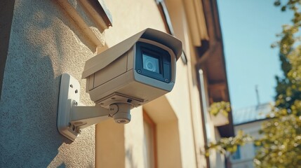 Surveillance camera is securely attached to the building wall under clear blue skies, ensuring safety