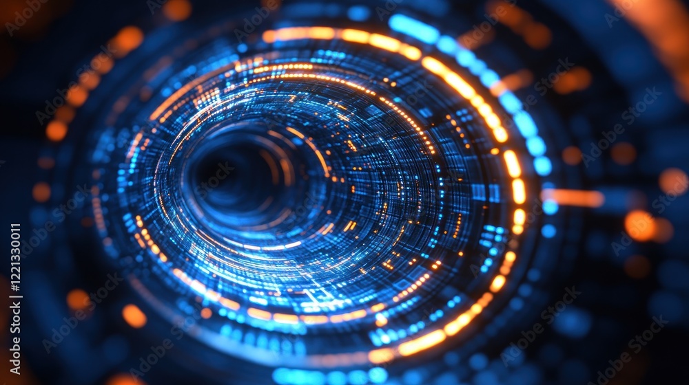 Poster swirling patterns of blue and orange lights create a digital vortex effect in a dark setting