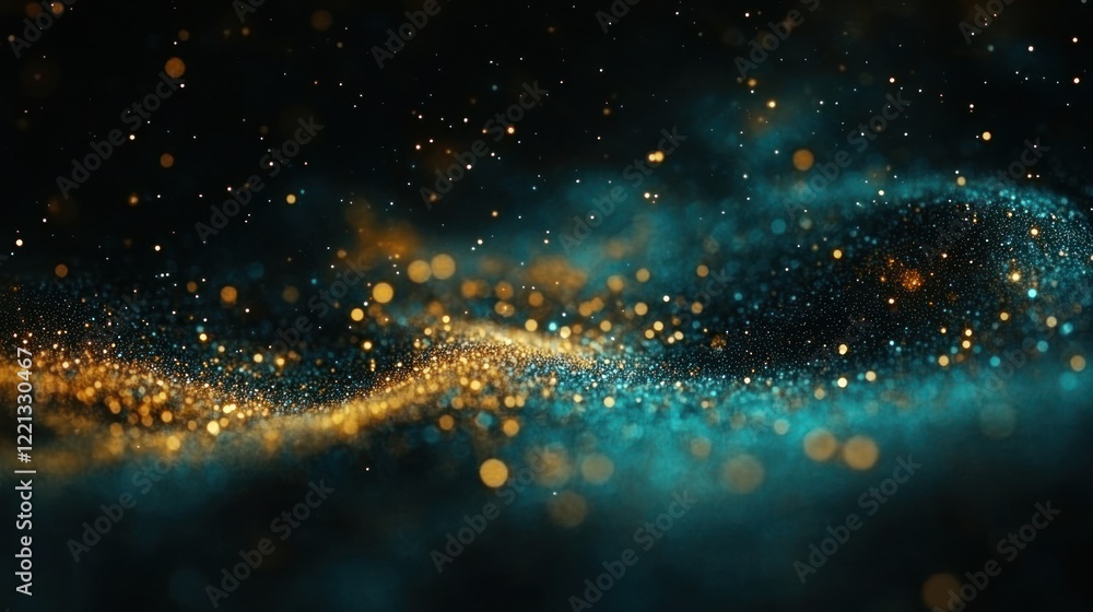 Poster glowing particles dance in swirling patterns, creating an enchanting abstract background at night