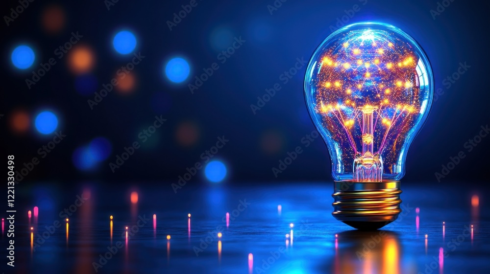 Poster glowing light bulb with vibrant colors shining in a dark setting decorated with bokeh lights