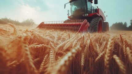 Fototapeta premium A modern tractor is harvesting wheat in a vast golden field under a bright sky