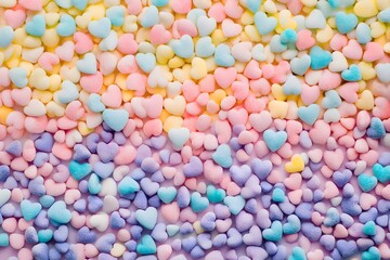 Background of small pastel colored candy hearts for Valentine's Day