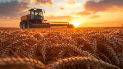 Fototapeta premium Harvesting machine moves through a golden wheat field at sunset, showcasing agricultural activity