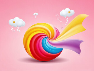 Colorful swirling candy with vibrant ribbons creating a playful visual on a soft pink background